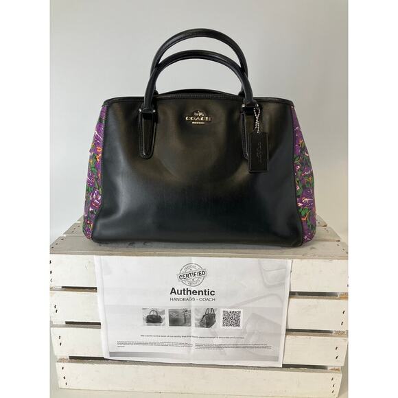 Coach Handbags - COACH F57630 BLACK SMOOTH LEATHER PURPLE FLORAL HANDBAG